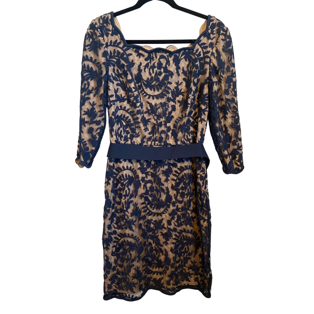 Tadashi Shoji Navy Blue‎ Lace Overlay Sheath Dress Size 8 Belted